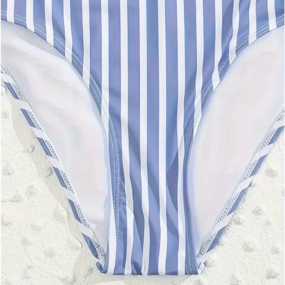 Blue White Deep V Tummy Control Swimsuit - Picture 7 of 9